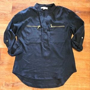 Michael Kors Sheer Black 3/4 Sleeve Blouse with Mandarin Collar Gold Zippera